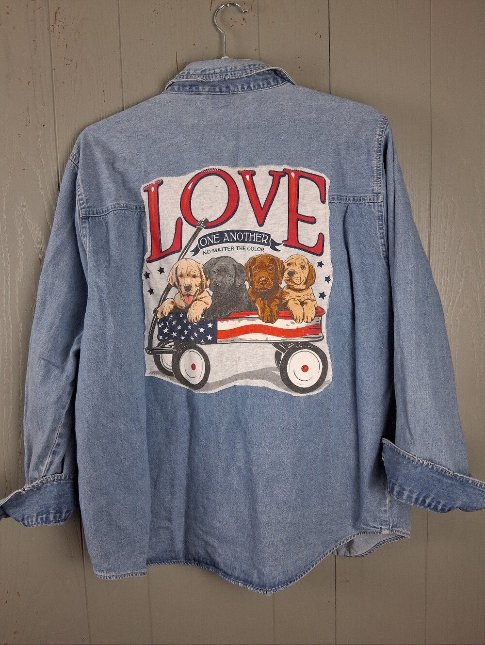 Upcycled Artsy Denim Shirt Womens XL Loose Fit Layers Button Front LOVE Puppies